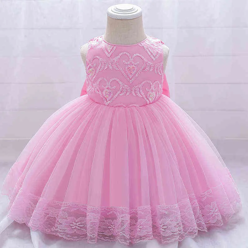 2021 Dziecko Dziecko Różowa Sukienka Pierwsza Urodzinowa Dress Dla Baby Girl Ubrania Powrót Big Bow Princess Chrzest Dresses Party Dress Flower G1129