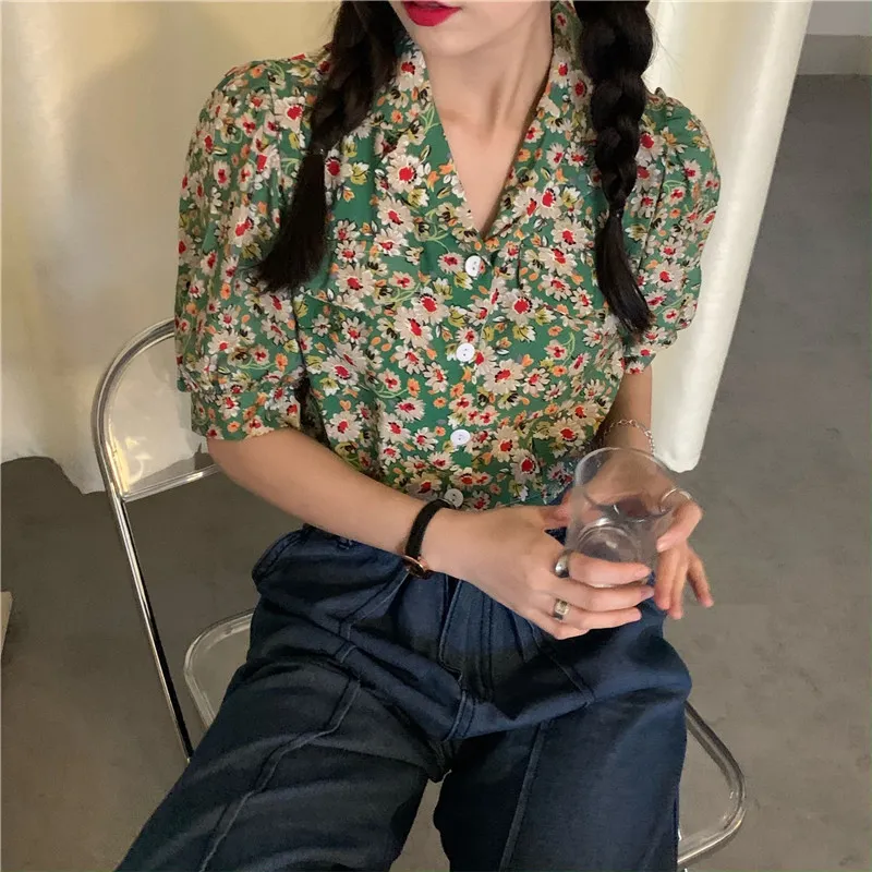 ショートブルスマザーフローラルプリント夏のトップスの女性ブラウスグリーンセクシーな韓国ファッションシャツ甘いパフスリーブ17209 210415