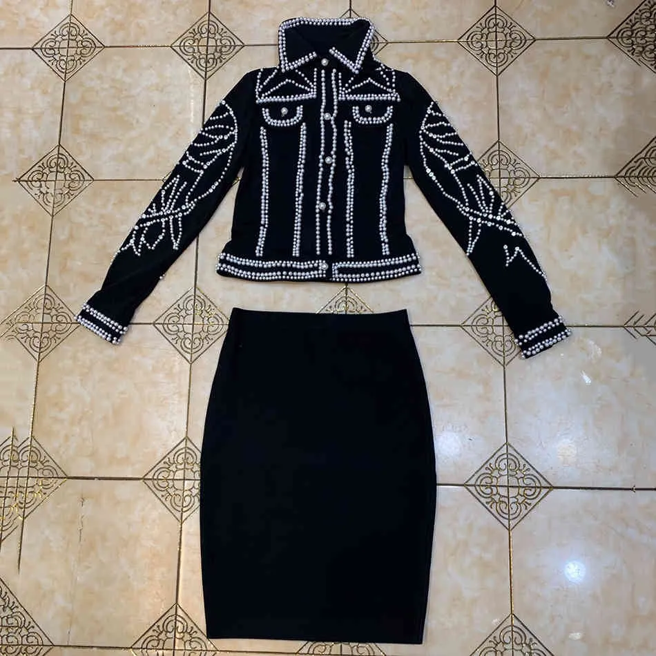 Conjunto de vestido de vendaje negro para mujer elegante solapa de manga larga chaqueta con cuentas de perlas falda ajustada de dos piezas 210524