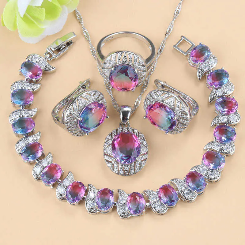 Kleurrijke zirkoon ketting en clip oorbellen bruiloft sieraden sets met zilveren kleur bruids accessoires armband voor vrouwen H1022
