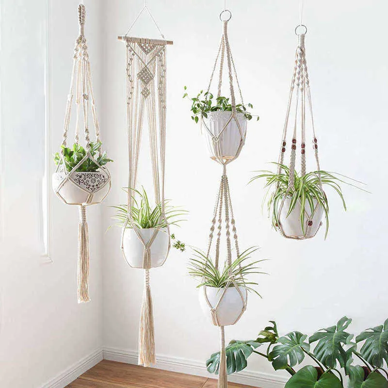 Cintres pour plantes en macramé - Paquet de 4, dans différentes conceptions - Porte-plante pour jardinière à suspendre à l'intérieur fait à la main - Boho moderne Home De Y0910