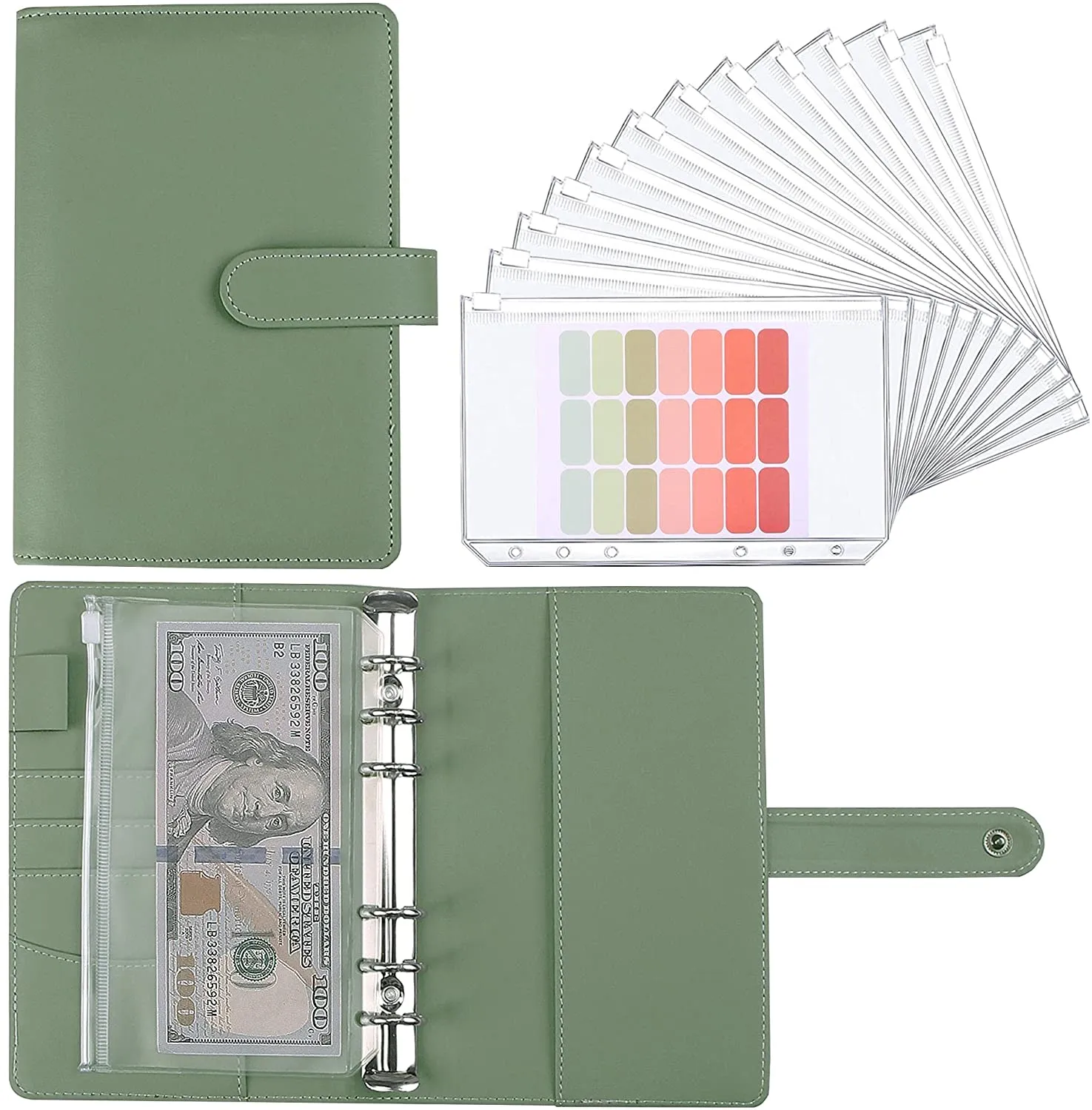 A6 Budget Bindemittelplaner mit 12 Stück Kassenumschläge, bunten PU-Leder-Notebook-Bindemittel mit 12 Stück A6-Binder-Taschen