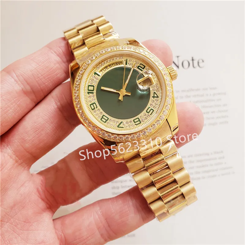 Famous Brand Automatic Mechanical Women Watch Stainless Steel Sapphire Yellow Gold Crystal Diamonds Bezel Week Watches Day Date