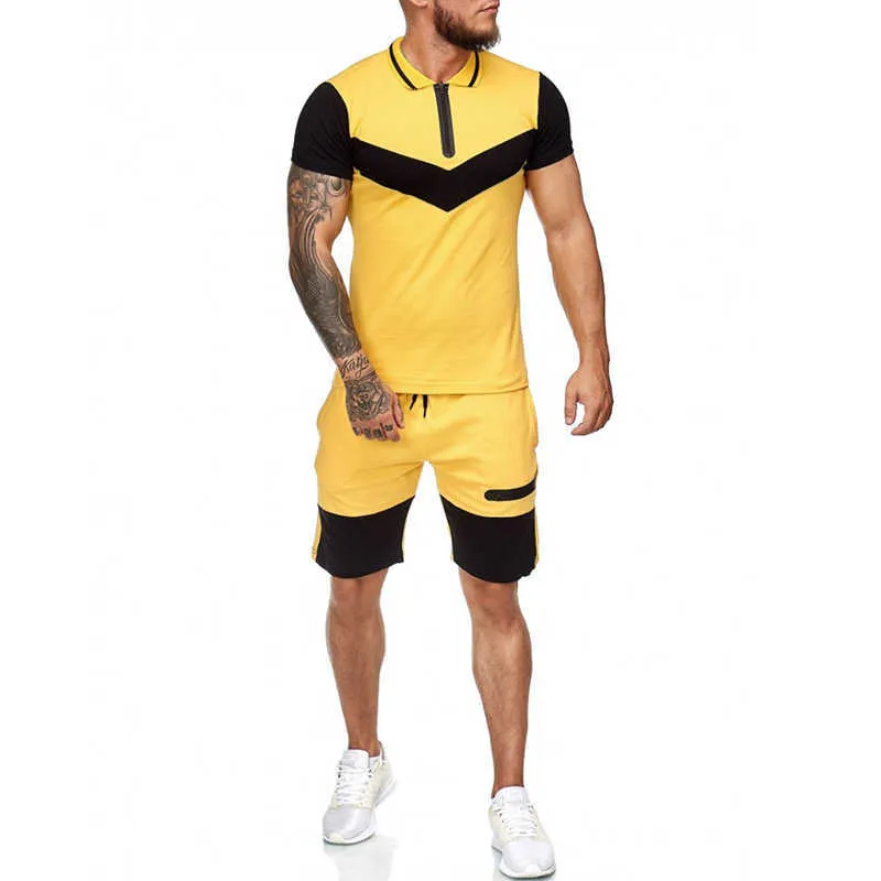 Mens korta uppsättningar sommar casual sommar kläder 2 styck set färgblock track kostymer 2021 manlig t-shirt + shorts bomull män tracksuits y0831