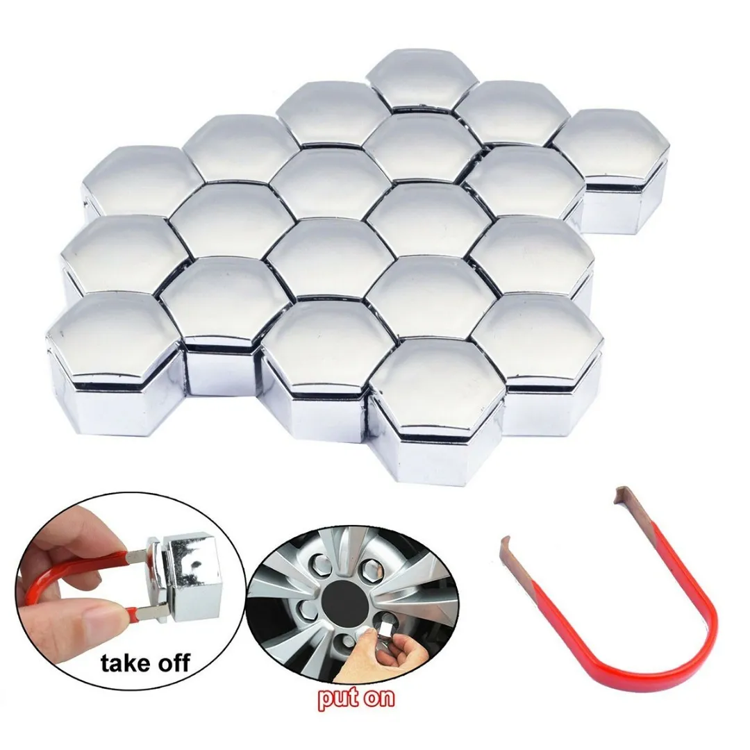 Car Exterior Decoration 20pcs Chrome 22MM Wheel HEX Nut Bolt Cap Cover+Removal Tool Universal