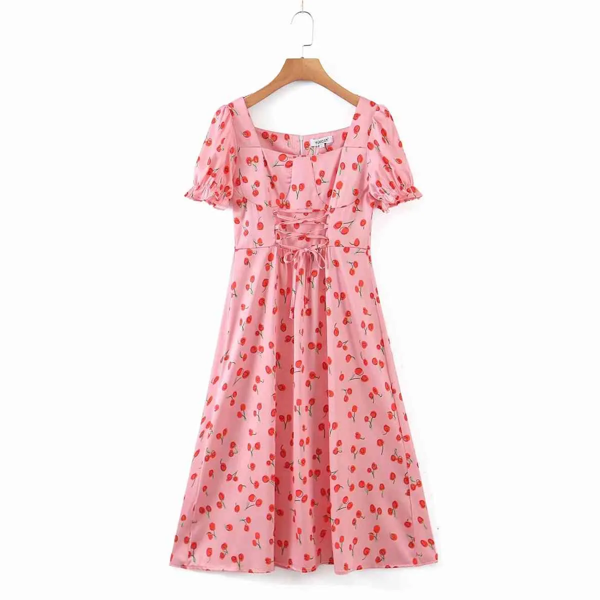 Kirschdruck-Satinkleid, Sommer, Schnürung, Vintage-Maxi-Rosa-Kleid, langes Damen-elegantes A-Linien-Retro-Fruchtdruck-Kleid 210415