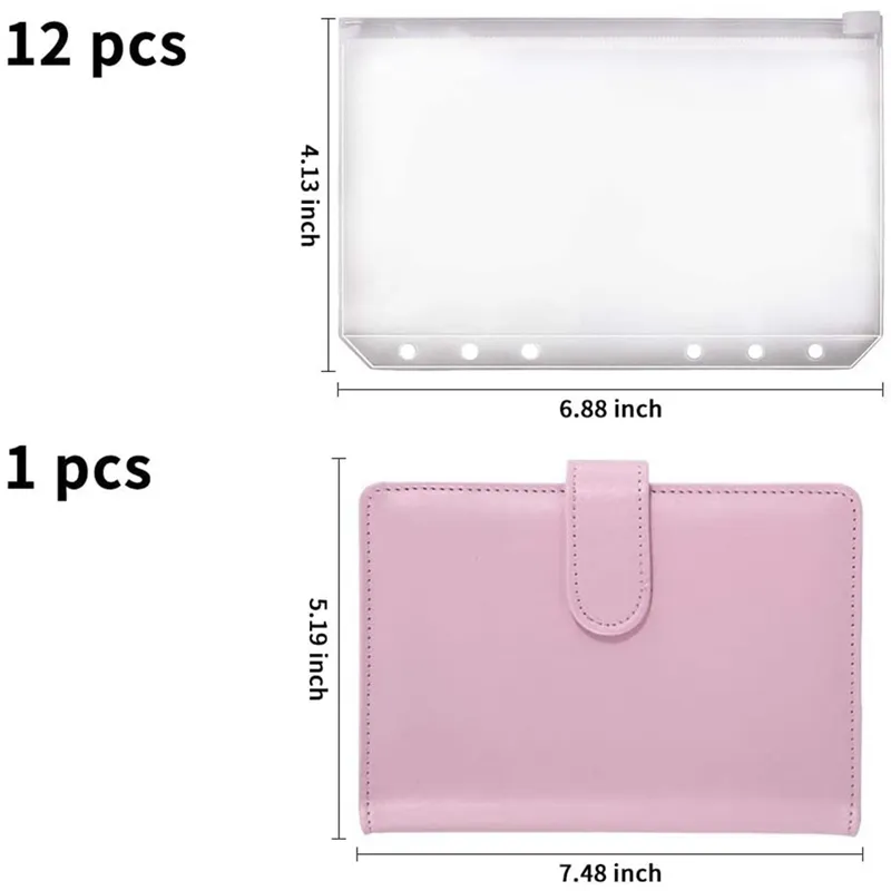 A6 Binder Planner Pink Notebook Binder و 12 قطعة 6 حفرة الموثق سستة مجلد، جيوب الموثق مظروف النقدية محفظة 0224