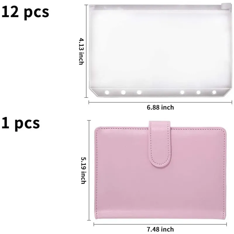 A6 Binder Planner Pink Notebook Binder och 12 stycken 6 Hål Binder Zipper Folder, Binder Fickor Kontant Kuvert Plånbok 0224