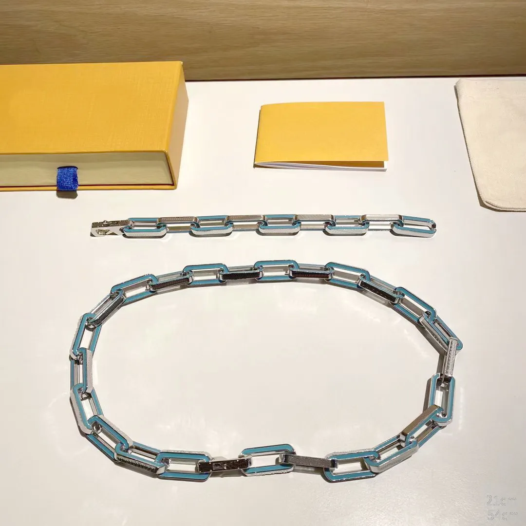 Avrupa Moda Kolye Bilezik Erkek Gümüş Renkli Metal Graved V Mektup Deseni Mavi Emaye Kalın Bağlantılar Zincir JE261D