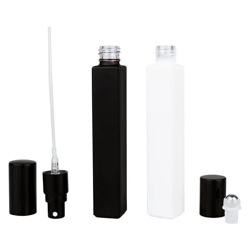 Gold Silver Spray Atomizer Perfume Vials 10ml Empty Black White Square Glass Steel Bead Roller Refillable Roll on Bottle