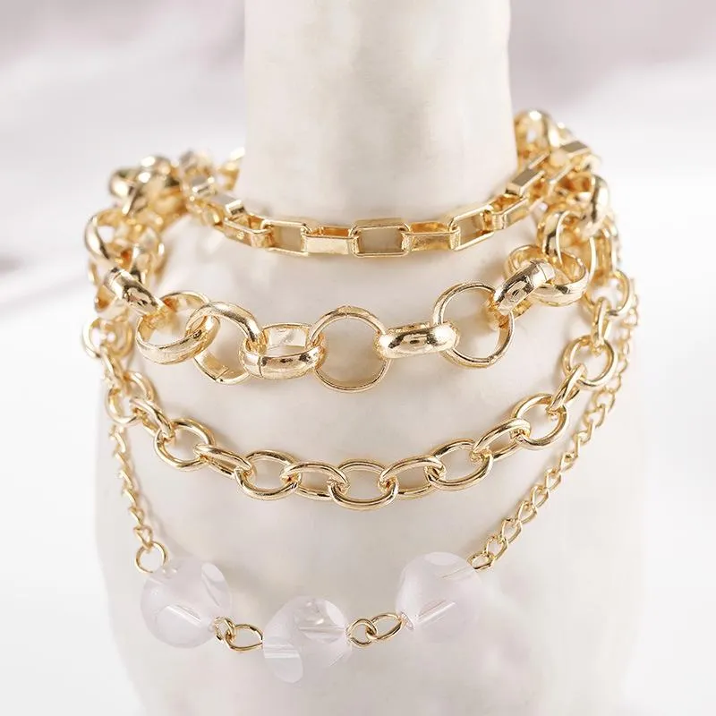 Charme pulseiras moda grânulo para mulheres ouro retro lantejoulas duplo círculo simples ajustável corrente pulseira feminino bohemia jóias307g