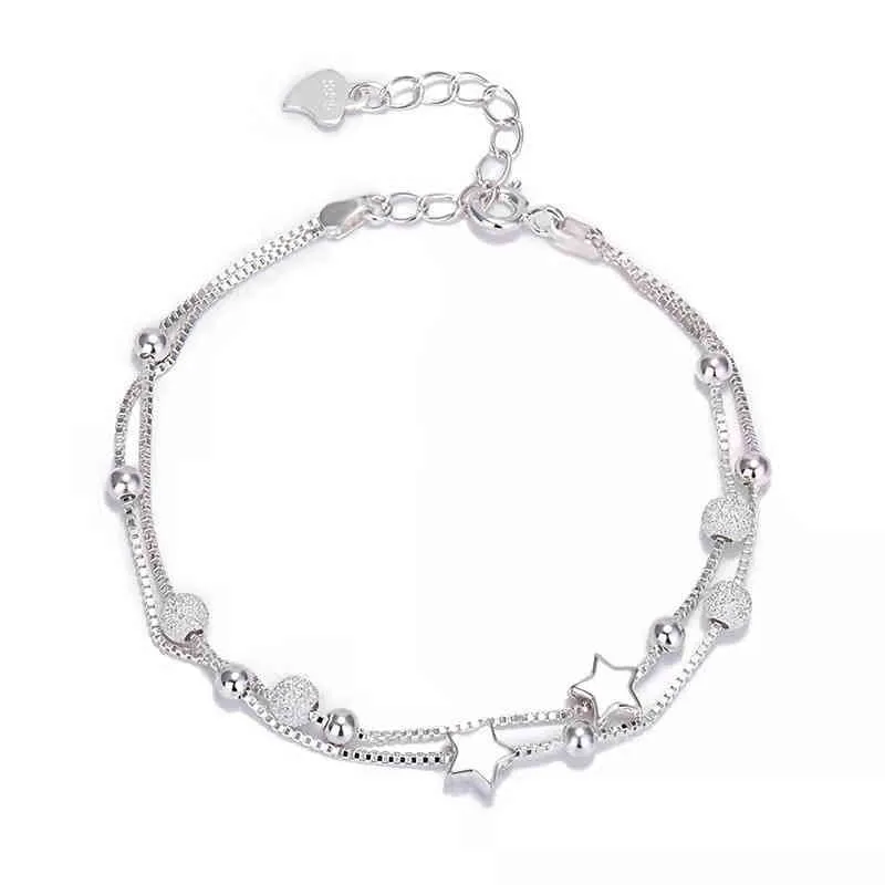 925 Sterling Sier Gwiazdy Okrągłe Koraliki Urok BraceletBangels Dla Kobiet Elegancka Łańcuch Biżuteria Pulseras Sl028