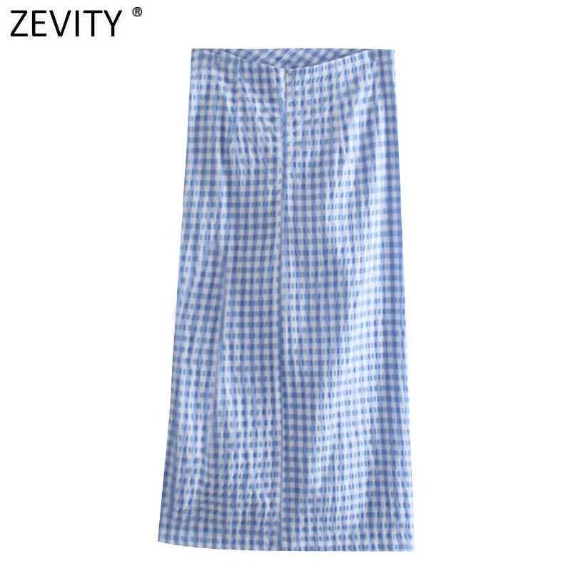 Zevity女性のファッション格子縞の印刷プリーツスリムスカートファルダスマジャーの女性セクシーなハイスプリットvestidosバックジッパーミディスカートqun752 210603