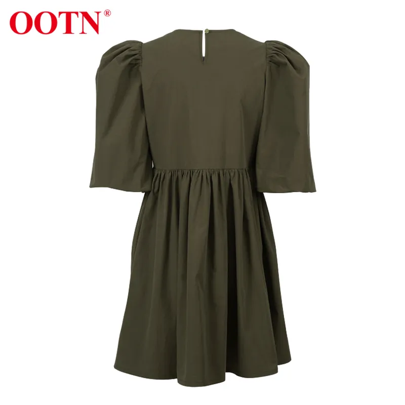 OOTN GREEN Oネックカジュアルレディースドレスランタン半袖ソリッドピンクミニレディースエレガントAラインサマーESコットン220210