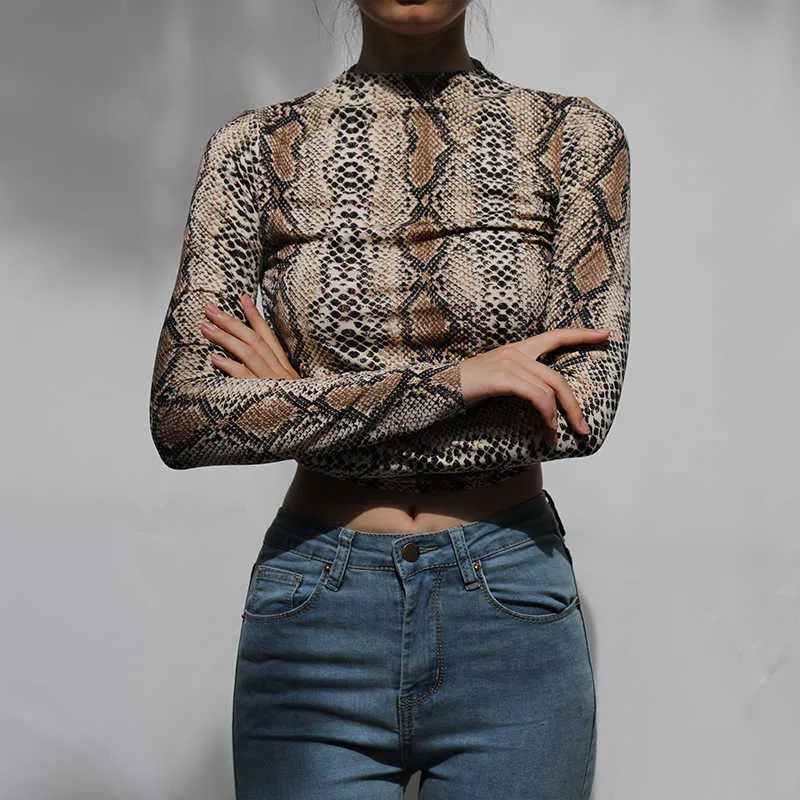 Womengaga Snakeskin Pattern Sexy Full Wille Base Base Backles Turtleneck Tie Leopard Top Zebra Print Repted T-рубашка Tops N5C 210603