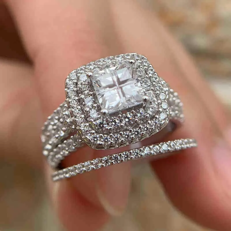 Sie 925 Sterling Silver Halo Ehering Set für Frauen eleganter Schmuck Prinzessin Cross AAAAA CZ Verlobungsringe 211217