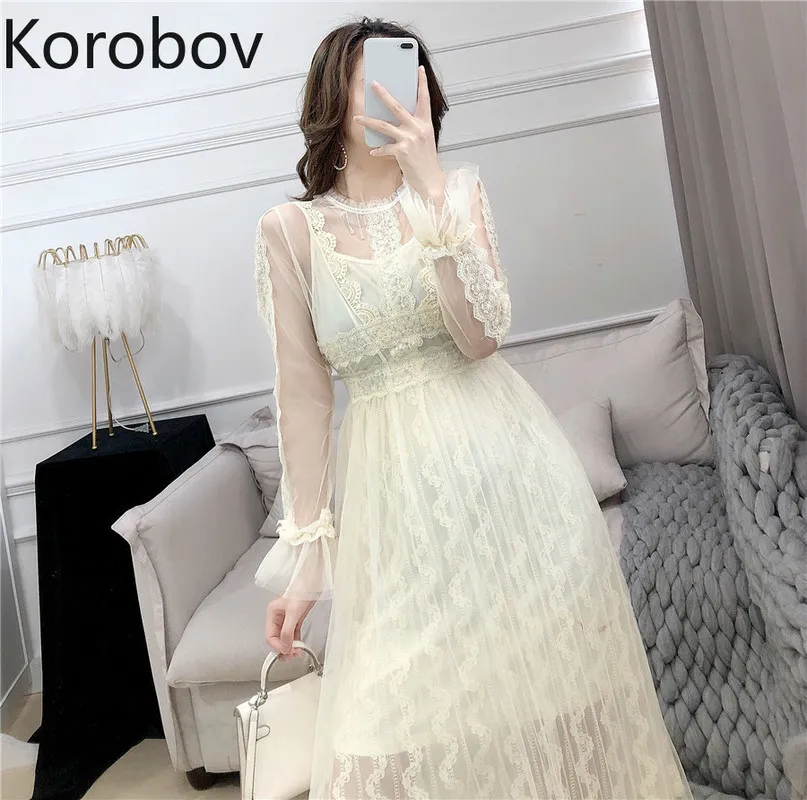 Korobov Sexy Évider Dentelle Patchwork Camisoles Robe Taille Haute Hanche Une Ligne Crochet Fleur Robe O Cou Pétale À Manches Longues Ropa 2a835 210430