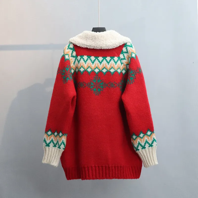 H.SAの女性の遊んでいるセーターとカーディガンの長いスタイルのビンテージクリスマスカジュアルトップの大きなポケット暖かい幾何学的ニットジャケット210417