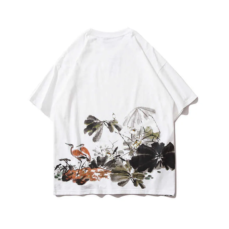 Män Hip Hop T Shirt StreetWear Print Lotus Leaf Målning Tshirt Kortärmad Bomull Sommar Harajuku T-shirt Japan Rosa Tee 210527