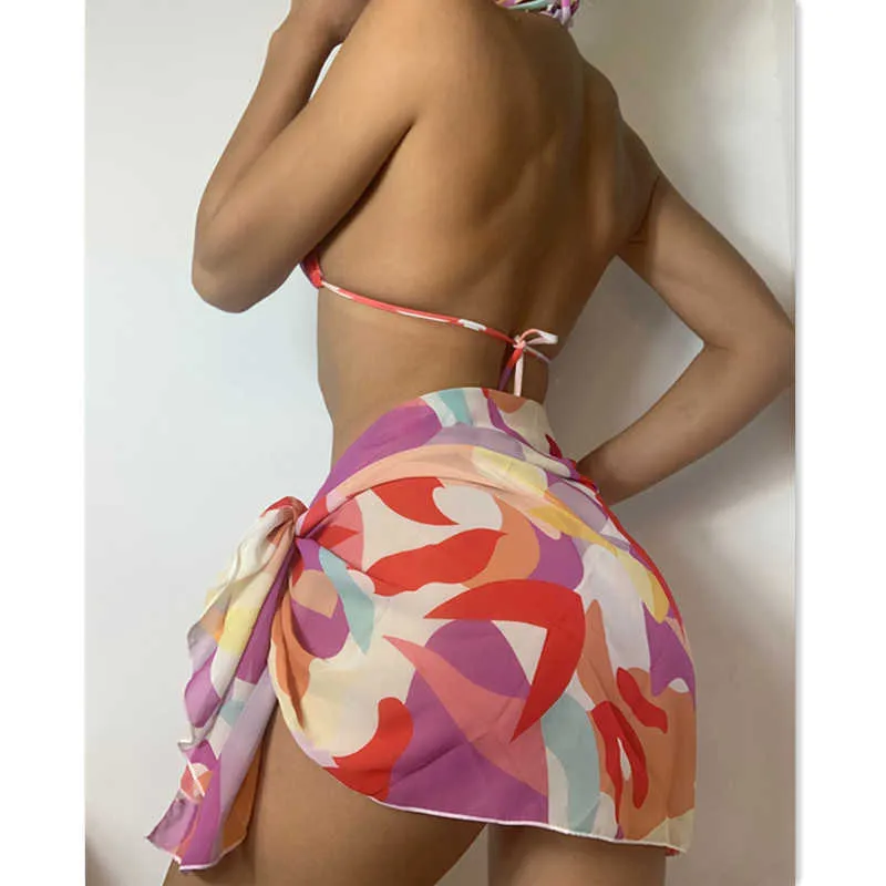 Seksowny trójkąt Micro Bikini Różowy Druk Swimsuit 3 Sztuk Mesh Bikini Set String Halter Stroje Kąpielowe Kobiety Niski Talia Kąpiel 210604