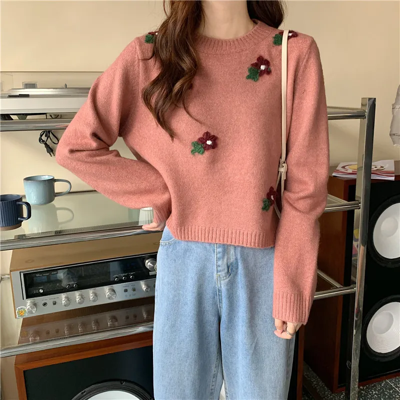 Vintage Loose All Match Stylish Florals Women Sweater Streetwear Basic Warm Sweet Causal Clothe Tops 210525