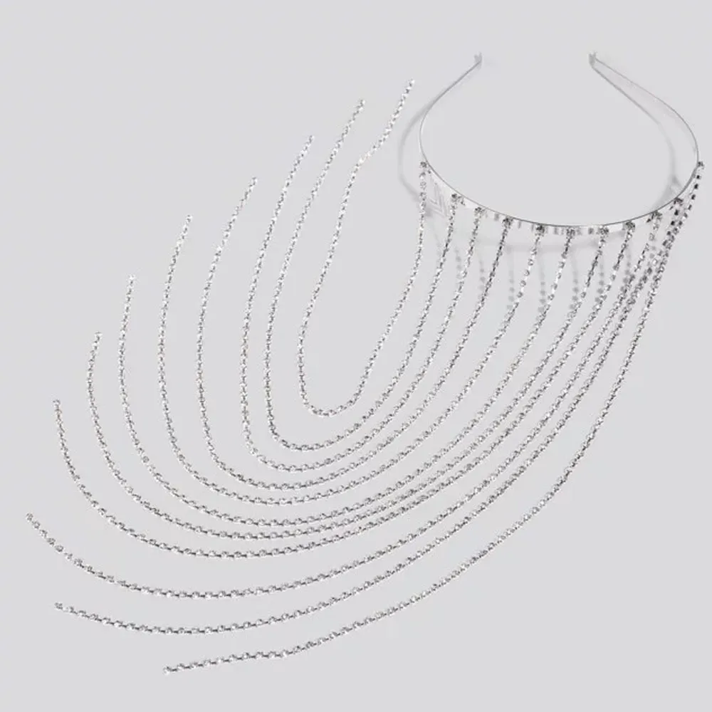 Cerchietto con nappe lunghe in cristallo, fascia capelli, diadema nuziale, fascia capelli con strass, catena, accessorio gioielli