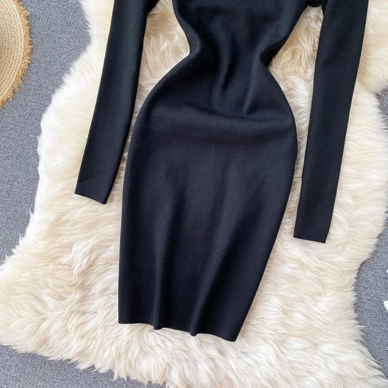 Retro Boncuk Örme Elbise Kadın Moda Standı Yaka Ince Elastik Elbise Sonbahar Kış Katı Bodycon Kazak Elbiseler 210419