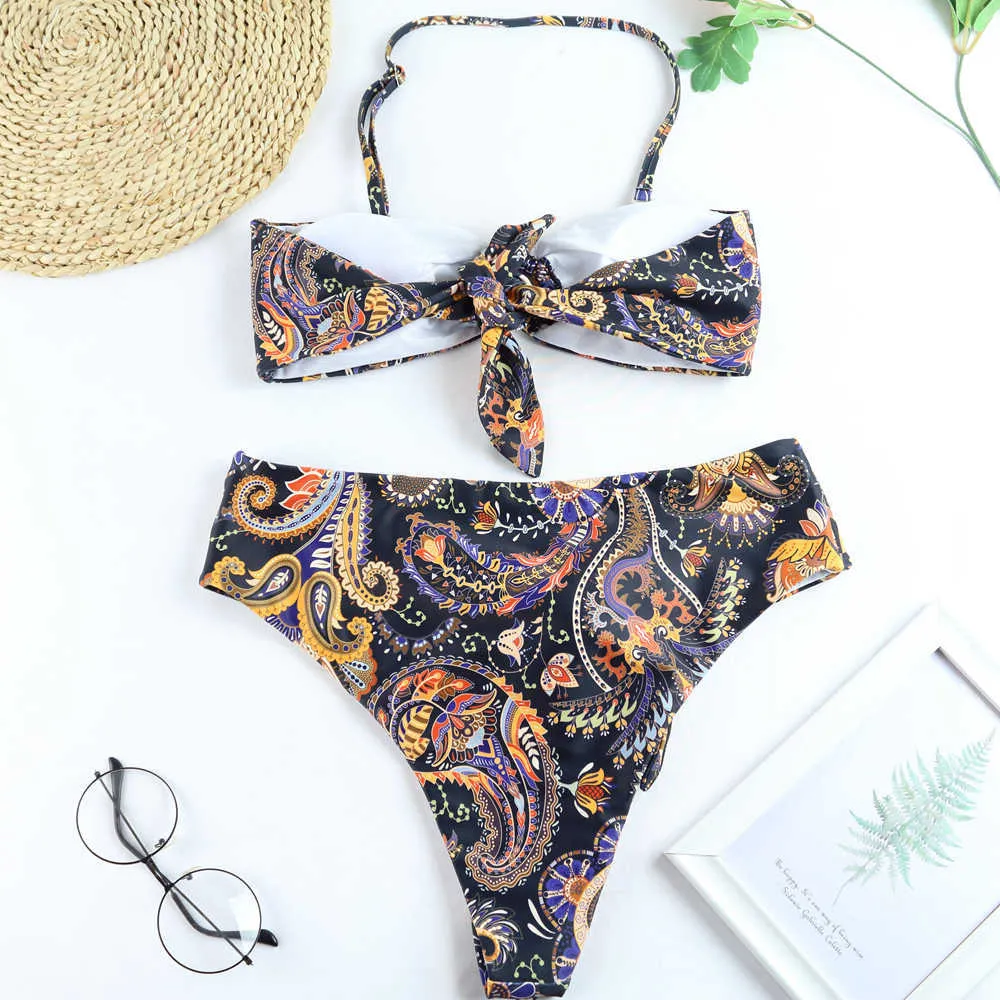 Vintage Print Bikini Set High Waist Sling Halter Swimsuit Women Sexy Bandeau Bathing Suit Maillo De Bain Femme 210604