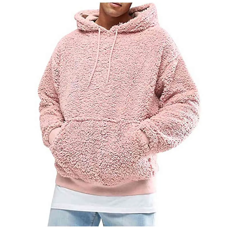 Moda erkek Rahat Katı Renk Kapüşonlu Uzun Kollu Sonbahar Kış Sıcak Cep Gevşek Kazak Peluş Polar Hoodies Sportwear # G3 211229