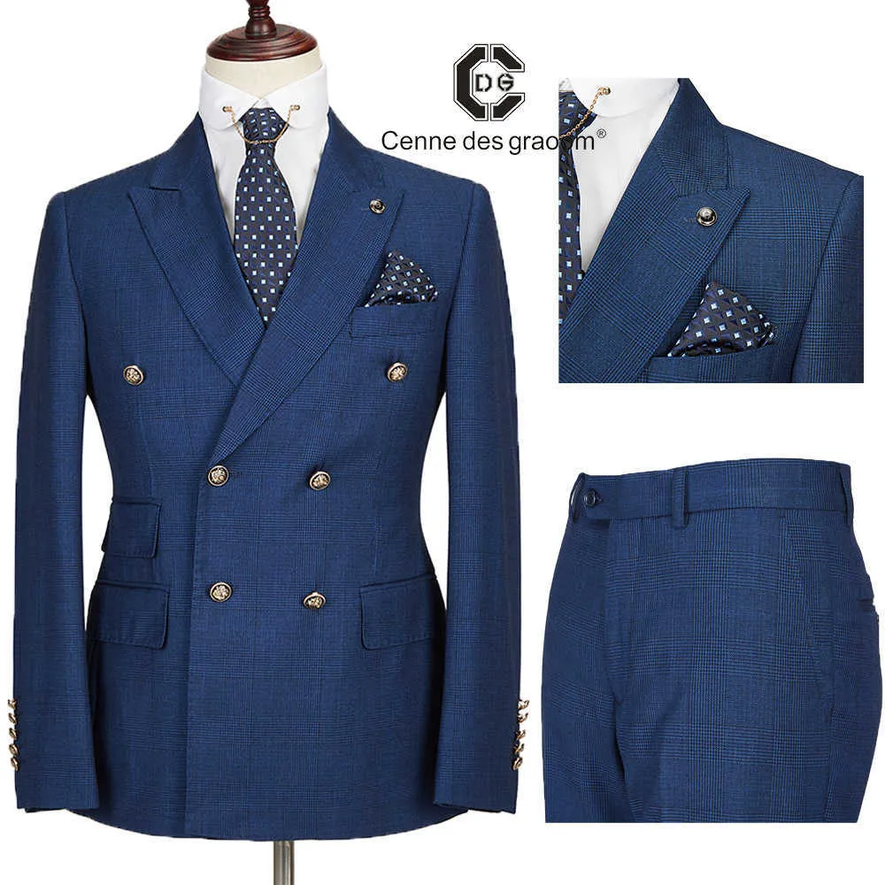 Cenne Des Graoom New Men Suit Plaid Double Breasted Two Pieces Slim Fit High Quality Wedding Party Singer Costume DG-188 X0909