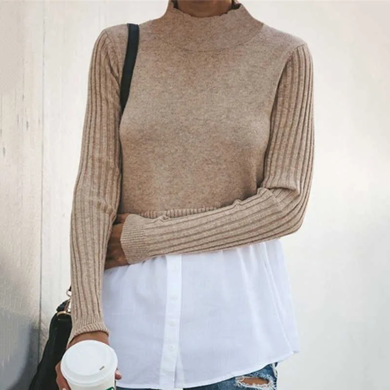 GAOKE Autumn Winter Black Knit Sweater Women Patchwork Long Sleeve Button Pullover Jumper 210914