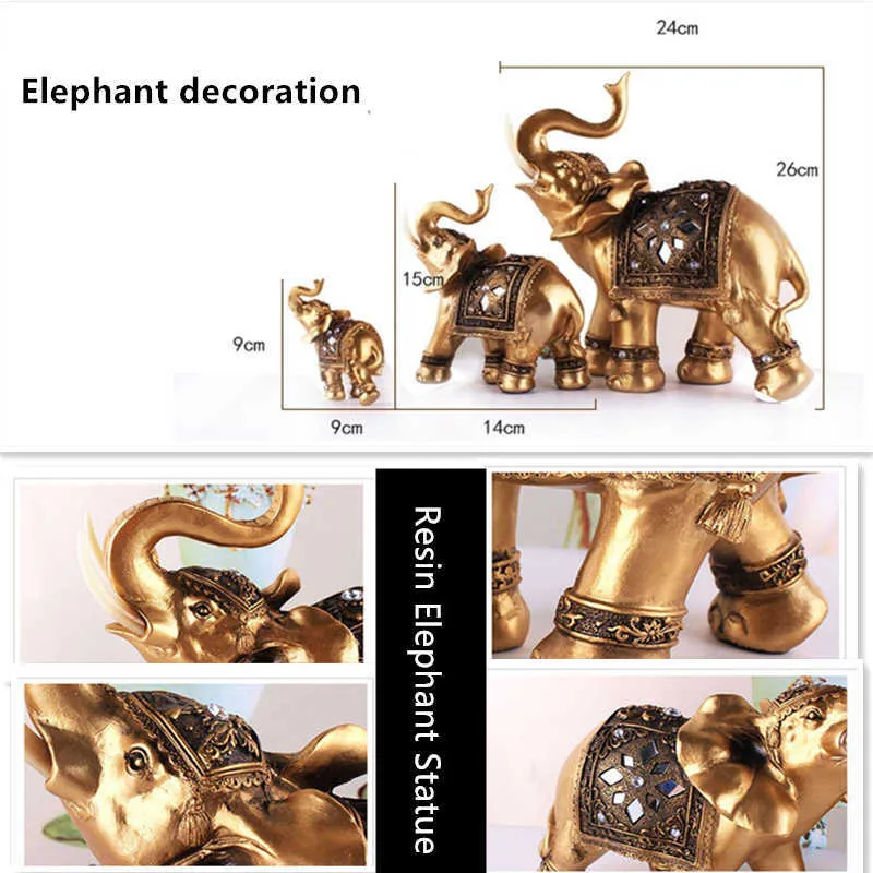 Golden Resin Elephant Statue Feng Shui Elegant Trunk Sculpture Lucky Wealth Figurine Crafts Ornaments For Home Decor 2108271434966