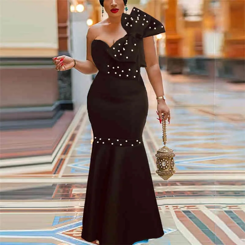 Black Long Tube Tops Party Dress Sexy Big Bowtie Beading Event Occasion Women Maxi Elegant Celebrate Evening Night Robes 210416