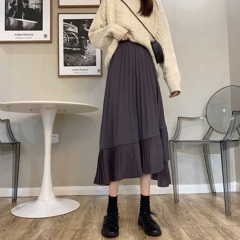 Faldas Mujer Moda Güz Kore Chic Ince Siyah Yüksek Bel Pileli Etekler Kadın Düzensiz Ruffles Gri Maxi Etek Vintage Gevşek 210610