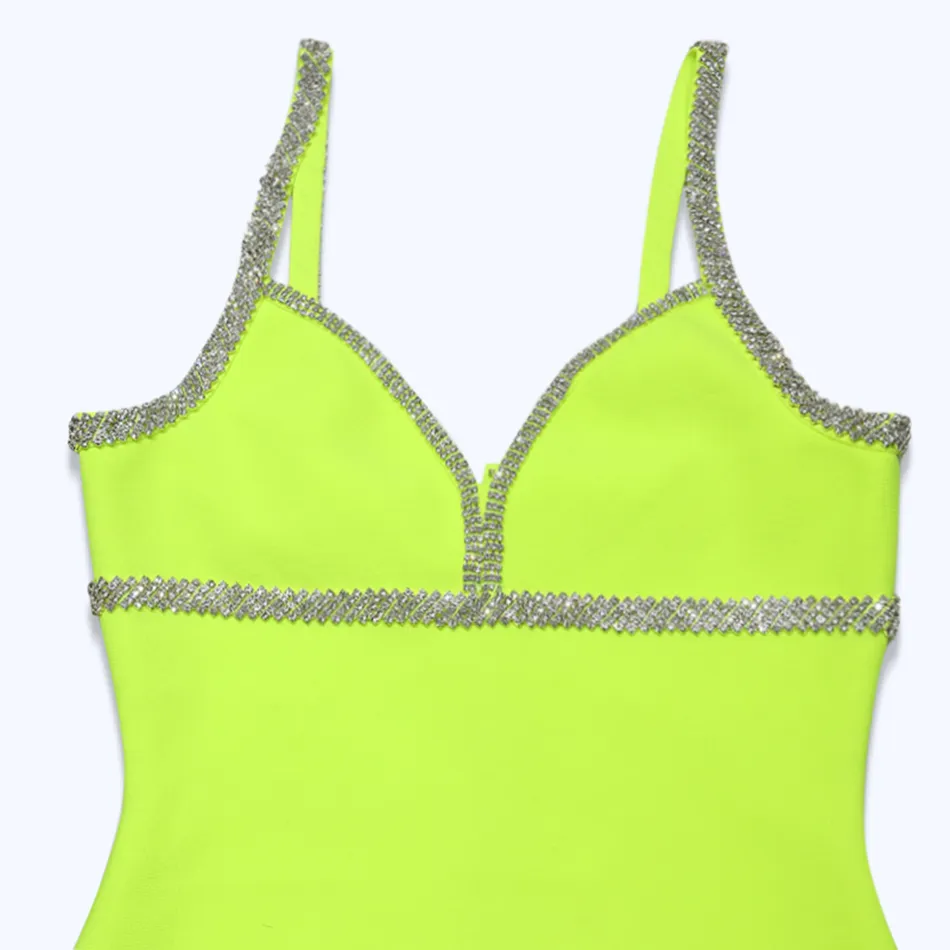 Vestito da fasciatura con diamanti con cinturino da donna libero Abito senza maniche sexy aderente mini verde fluorescente Club Party Vestido 210524