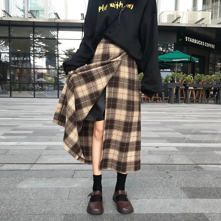 QOOD Herfst Winter Wollen Rok Dames A-Lijn Plaid Check S OL Style Fashion Plus Size L Split QT257 210518