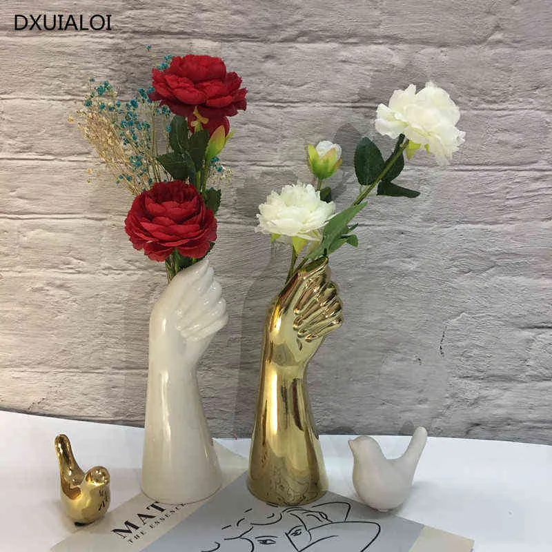Keramikvase im nordischen Stil, goldene Handvase, Blumen, moderne Heimbüro-Dekoration mit kreativer Blumenkomposition, Wohnzimmer-Ornament 211215