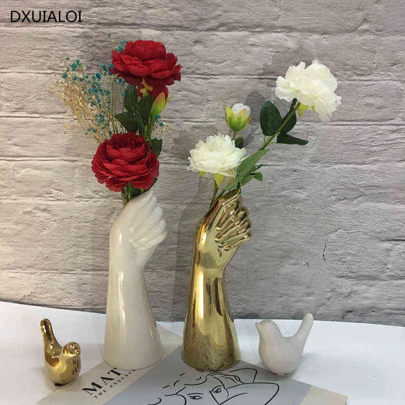 Vase en céramique Style nordique Golden Hand Vase Fleurs Moderne Home Office Décor de Creative Composition florale salon Ornement 211215