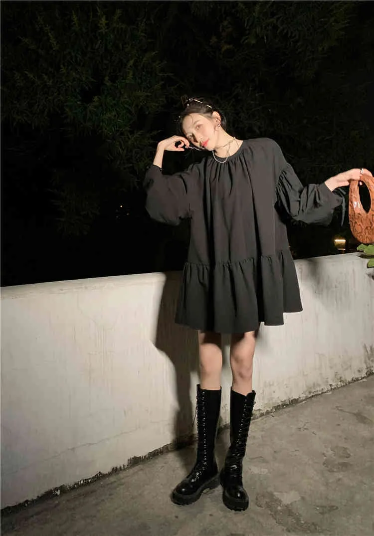 Surdimensionné À Volants Arc Cordon Robe Femmes Designer Lâche Noir Mini Ruché Style Coréen Vêtements 210427