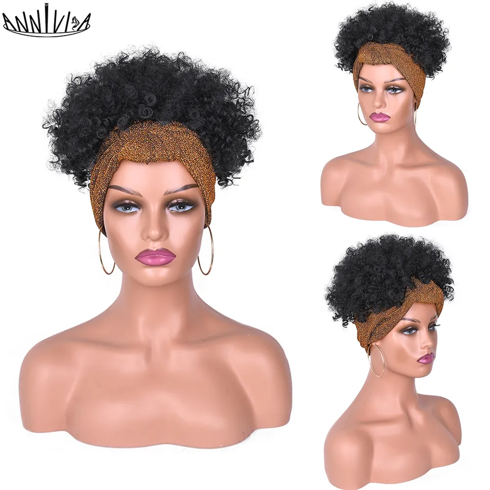 Parrucca corta afro crespa riccia con fascia 2 in 1 parrucche turbante le donne nere Puff coulisse fibra resistente al calore Hairfactory diretta