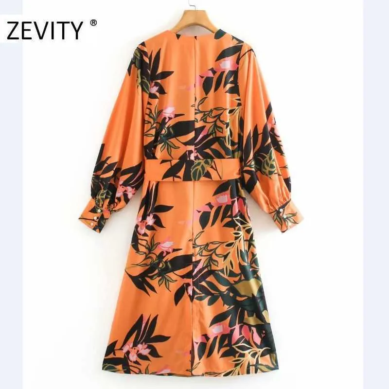 ZEVITY Frauen V-Ausschnitt tropischer Blumendruck Schleife gebunden Schärpen Kleid weibliche Laterne Ärmel lässig Kimono Vestidos schicke Kleider DS4436 210603