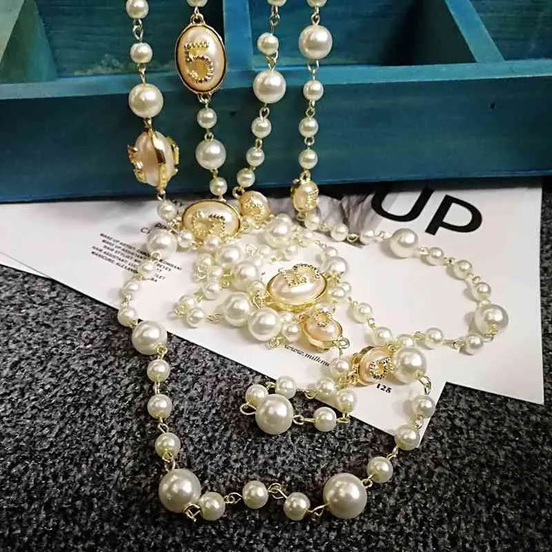 maglione coreano a doppio strato collana di perle a catena lunga ciondolo gioielli le donne festa