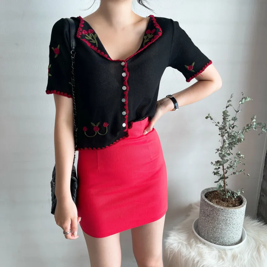 夏の花の刺繍ニットカーディガン女性半袖シングルブレストトップスセーター韓国のエレガントなビンテージジャンパー210513