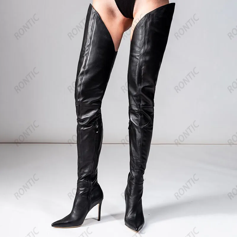 Rontic handgefertigte Damen-Winterstiefel im Schritt, seitlicher Reißverschluss, Stiletto-Absätze, spitze Zehen, fabelhafte schwarze Partyschuhe, US-Größe 5–15