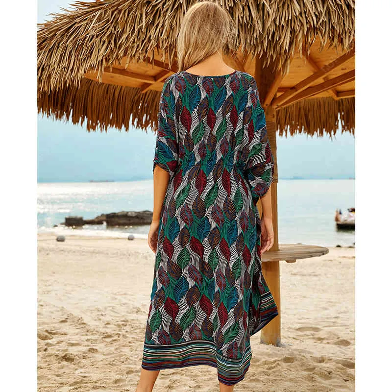 Beach Cover up Tunics for Print Chiffon Long Kaftan Bikini Robe de Plage Sarong Wrap Swimsuit cover Q1127 210420