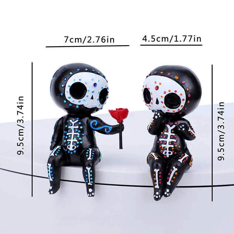 Northeuins Resin 10cm Sugar Skull Mini Figuriner för inredning Mexiko Par Familjstaty Hem Skrivbord Dekoration Gåva för barn 210811