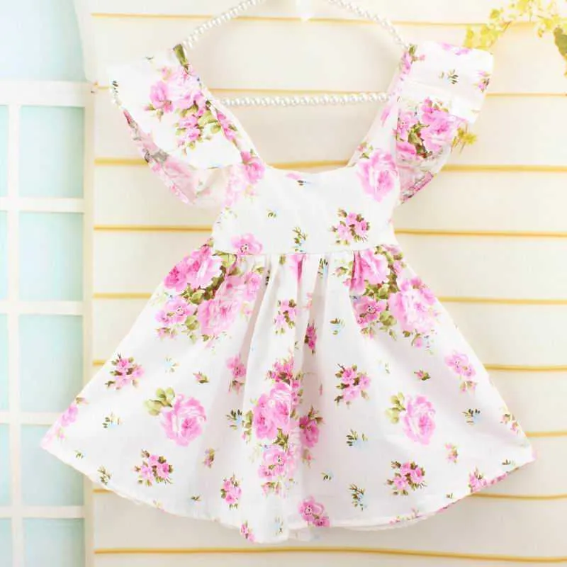 Retail Summer Easter Girl Dress Bohemian Style Backless Ruffle Floral Bomull Soltid Sundress Barnkläder 1-6Y E7125 210610