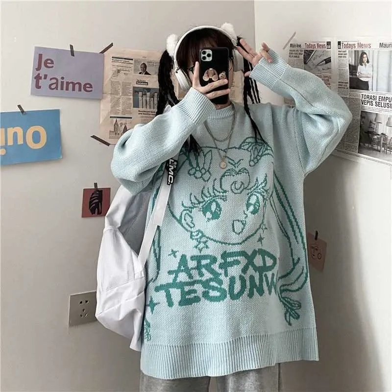 KOSAHIKI Cartoon giapponese Jumper Donna Maglioni Harajuku Streetwear Primavera Pullover Allentato Moda Casual Maglie Mujer 210922