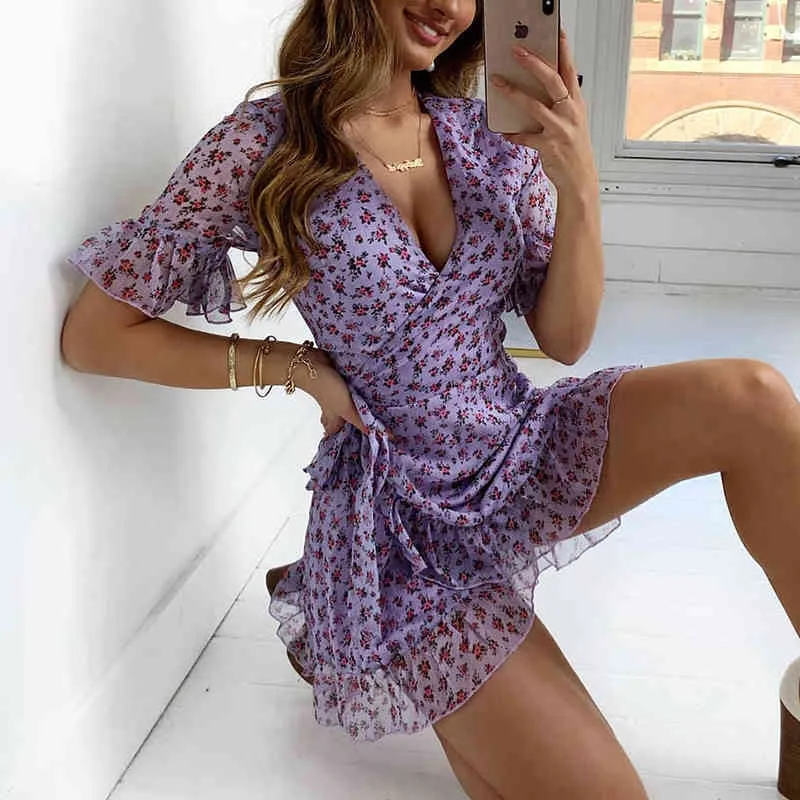 Lilac Floral Wrap Dress Women Summer Casual Flare Sleeve Boho Print Mini Sundress Sexy V Neck Streetwear Ladies Short Dresses 210521