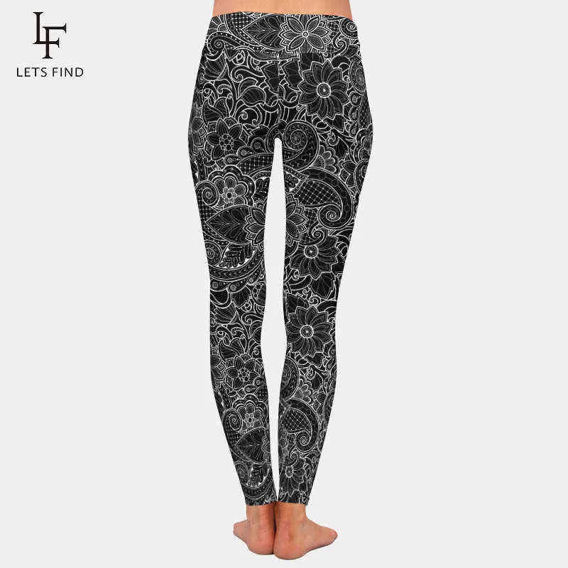 Fashion Women High Waist Plus Size Black Leggings 3D Printing Flowers Pattern Milk Silk Leggings 211216